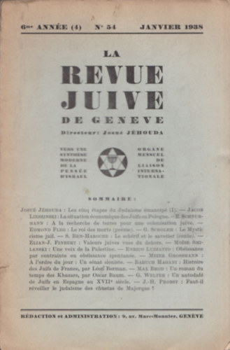 Josué Jéhouda - La Revue Juive de Geneve 6me Année (4) No 54 Janvier 1938