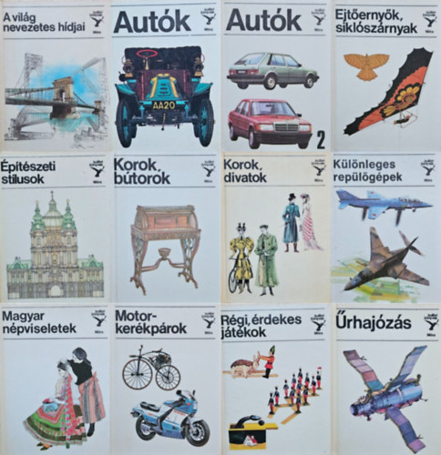 M�ra k�nyvkiad� - 12 db Kolibri k�nyvek: Aut�k 1-2. + Ejt�erny�k, sikl�sz�rnyak +  �p�t�szeti st�lusok +  R�gi, �rdekes j�t�kok + A vil�g nevezetes h�djai + Motorker�kp�rok +  Korok, b�torok + Korok, divatok +  K�l�nleges rep�l�g�pek +  Magyar