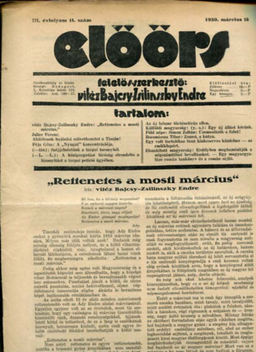 vit�z Bajcsy-Zsilinszky Endre  ( felel�s szerkeszt�) - El��rs foly�irat III. �vf. 11. sz�m. 1930. m�rcius 15.