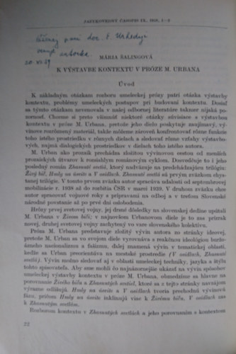M�ria �alingov� - K v�stavbe kontextu v pr�ze M. Urbana (JAZYKOVEDN� �ASOPIS IX, 1958, 1-2)