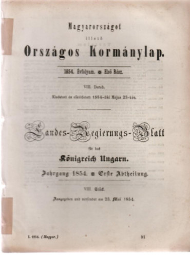Magyarorszgot illet Orszgos Kormnylap 1854. vfolyam. Els rsz