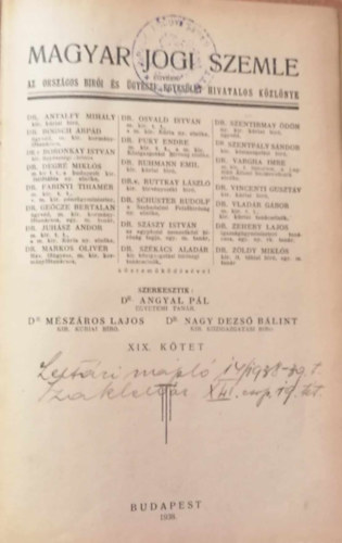 Dr. Angyal Pl - Magyar jogi szemle 1938. XIX. ktet
