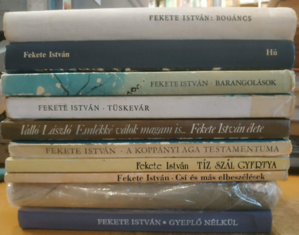 Vall� L�szl� Fekete Istv�n - 10 db Fekete Istv�n: Barangol�sok + Bog�ncs + T�skev�r + Eml�kk� v�lok magam is... (Fekete Istv�n �lete) + A kopp�nyi aga testamentuma + T�z sz�l gyertya + Cs� �s m�s elbesz�l�sek + Gyepl� n�lk�l + Kele + H�