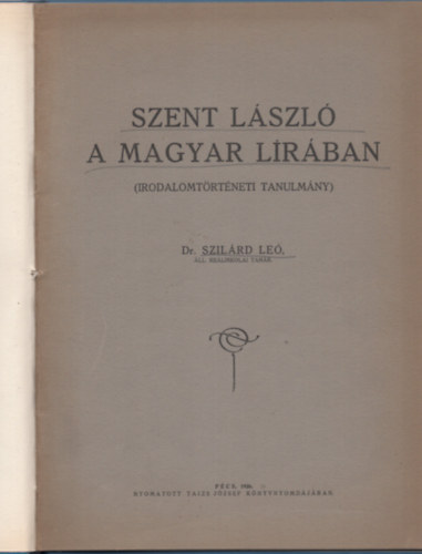 Szilárd Leó - Szent László a magyar lírában (irodalomtörténeti tanulmány)