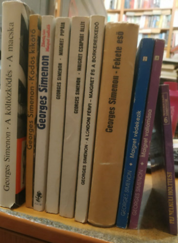 Georges Simenon - 10 db Maigret krimi: Fej n�lk�li holttest; ...vallom�sa; ...v�dekezik; A londoni f�rfi/... �s a borkeresked�; K�d�s kik�t�; ...csapd�t �ll�t; ... pip�ja/... az esk�dtsz�ken/... megharagszik; Fekete es�; Liberty b�r/... csal�dik; A