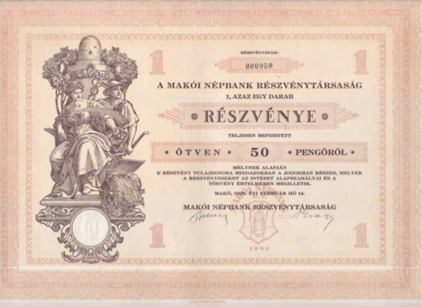 A Makói Népbank Részvénytársaság részvénye (történelmi értékpapír, eredeti)