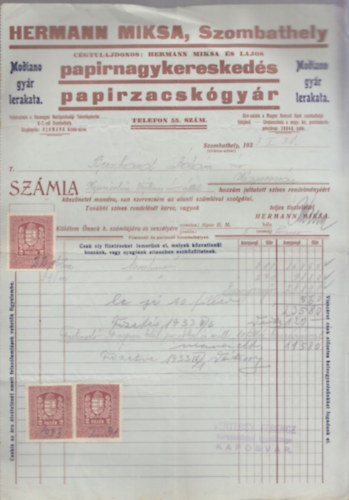 Számla - Hermann Miksa Papírnagykereskedés (1933)