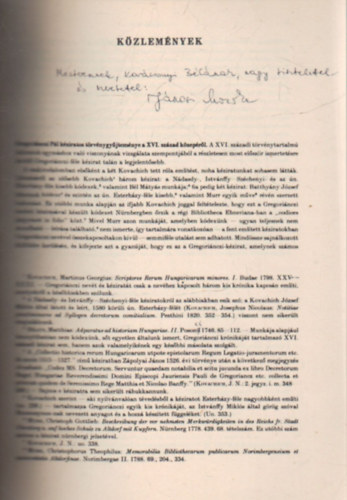 Jánosi Mónika - Gregoriánczi Pál kéziratos törvénygyűjteménye a XVI. század közepétől - Különlenyomat - Dedikált