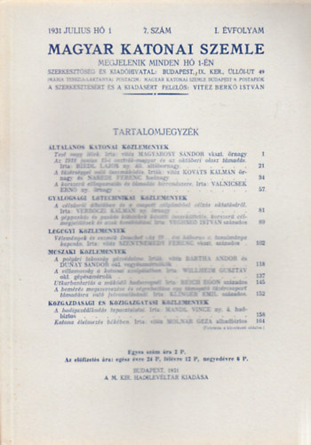 Vit�z Berk� Istv�n (szerk.) - Magyar Katonai Szemle 1931. j�lius (I. �vf, 7. sz�m)