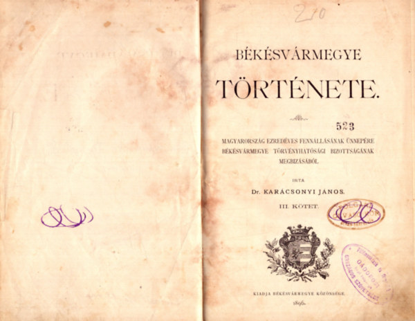Dr. Karcsonyi Jnos - Bksvrmegye trtnete III. ktet (1896)
