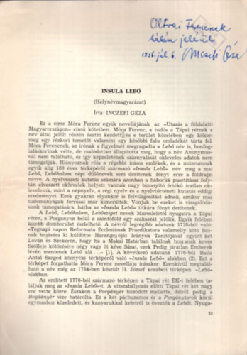 Inczefi G�za - Insula Leb� ( Helyn�vmagyar�zat ) - K�l�nlenyomat - Dedik�lt