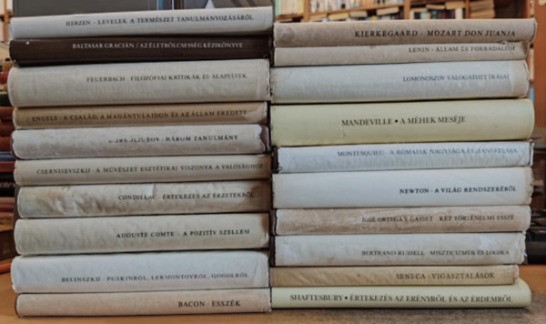 Belinszkij, Auguste Comte, Condillac, Csernisevszkij, Dobroljubov, Engels, Feuerbach, Gracin, Herzen, Kierkegaard, Lenin, Lomonoszov, Mandeville, Montesquieu, Newton, Gasset, Russell, Seneca, Bacon - 20 db filozfia: Esszk (Bacon); Puskinrl, Lermontovrl, Gogolrl; A pozitv szellem; rtekezs az rzetekrl; A mvszet eszttikai viszonya a valsghoz; Hrom tanulmny; A csald, a magntulajdon s az llam eredete; Filozf