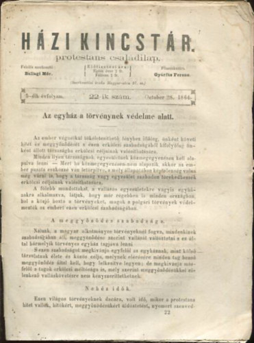 Gyárfás Ferenc Ballagi Mór (szerk.) - Házi kincstár. Protestáns családi lap. 5-dik évfolyam. 22-ik szám. October 28. 1864.