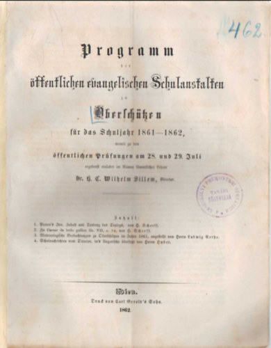 Programm der Öffentlichen evangelischen Schulanstalten zu Oberschöfzen für das Schuljahr 1861-1862