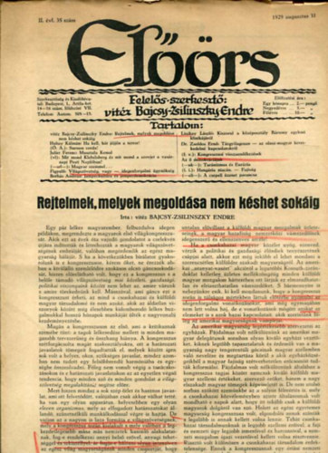 vit�z Bajcsy-Zsilinszky Endre  ( felel�s szerkeszt�) - El��rs foly�irat II. �vf. 35. sz�m. 1929. augusztus 31.