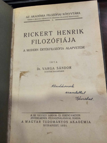 Varga Sándor - Rickert Henrik filozófiája