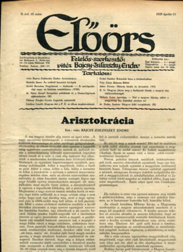 vit�z Bajcsy-Zsilinszky Endre  ( felel�s szerkeszt�) - El��rs foly�irat II. �vf. 15. sz�m. 1929. �prilis 13.