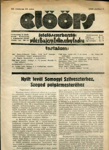 vit�z Bajcsy-Zsilinszky Endre ( felel�s szerkeszt�) - El��rs foly�irat III. �vf. 40. sz�m. 1930. okt�ber 4.