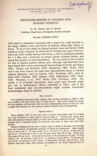 S. Sevitt G. H. Eeles - Microthrombosis iin injured and burned patients (dedikált)