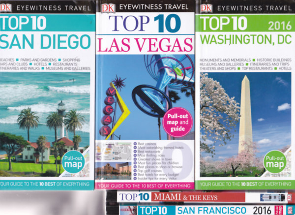 5 db TOP10 (Eyewitness Travel sorozat - angol nyelvek, pull-out maps = trkpmellkletekkel!): Miami & the Keys + Wahington, DC + Las Vegas +  San Francisco + San Diego