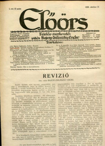 vit�z Bajcsy-Zsilinszky Endre  ( felel�s szerkeszt�) - El��rs foly�irat I. �vf. 32. sz�m. 1928. okt�ber 21.