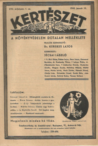 Dr. Kerekes Lajos; Jcsai Lszl - Kertszet XVII. vfolyam 1-12. szm - 1943. teljes vfolyam