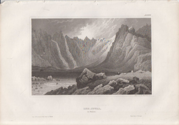 Lyn-Jdwal in Wales (Llyn Idwal tó, Wales, Egyesült Királyság, Európa) (16x23,5 cm lapméretű eredeti acélmetszet, 1856-ból)