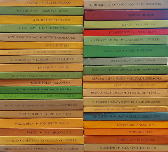 Constantin Dobrogeanu-Gherea, Varga Béla, Sigmund Freud, Spinoza, Dimitrie Gusti, Ormós Zsigmond, Mihail Kogalniceanu, Gaál Gábor, Dinicu Golescu, Fülep Lajos, Apáczai Csere Já Richard de Bury - 35 db a Téka könyv: Utazások a régi európában, Hármas história, A céhes élet Erdélyben, Teleki Sámuel és a Teleki-Téka, Irodalomtörténelmi lapok, Antik portrék, Örökbéke.tervezet rövid foglalata, Metamorphosis Transylvaniae, Emer