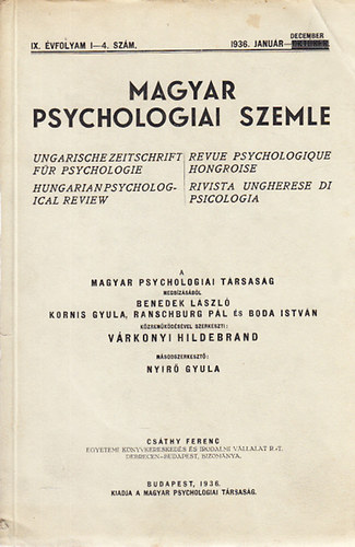 Vrkonyi Hildebrand  (szerk.) - Magyar Psychologiai Szemle 1936/1-4. szm (IX., teljes vfolyam, janur-december)