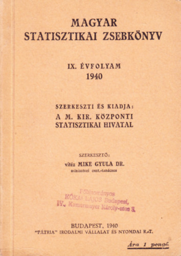 P�tria Irodalmi V�llalat - Magyar statisztikai zsebk�nyv 1940