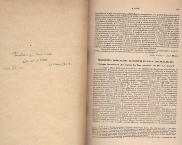 Sz�kely Gy�rgy - Nemzetk�zi konferencia az eur�pai �llalmok kialakul�s�r�l - K�l�nlenyomat - Dedik�lt