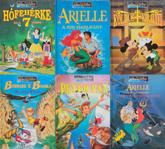 6 db knyv  a Bets Disney sorozatbl  (teljes sorozat, nagyon ritka): Hfehrke s a ht trpe + Arielle, a kis hableny + Koldus s kirlyfi + Peter Pan +  Bernard s Bianka a kenguruk fldjn + Arielle, a kis hableny - Varzslat