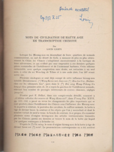 Louis Ligeti - Mots de civilisation de haute asie en transcription  chinoise-francia nyelv klnlenyomat