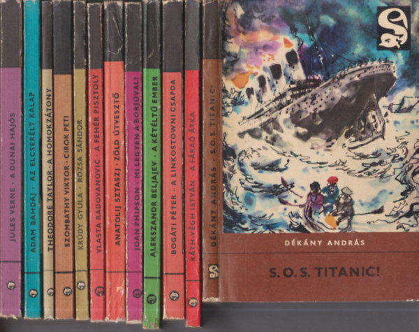 12 db Delfin könyv: S.O.S. Titanic! + A fáraó átka + A linkostowni csapda + A kétéltű ember + Mi legyen a borjúval? + Zöld útvesztő + A fehér pisztoly + Rózsa Sándor + Cirok Peti + A homokzátony + Az elcserélt kalap + A dunai hajós