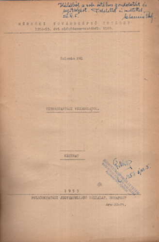 Salamin Pl - Vzhztartsi vizsglatok - Mrnki Tovbbkpz Intzet 1953/54. vi eladssoroztatbl - Dediklt