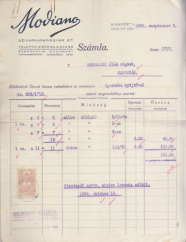 Számla - Modiano Szivarkapapírgyár Rt. (1936)