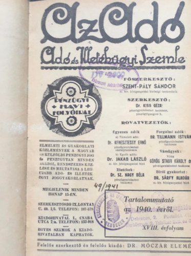 Az ad� - Ad� �s Illet�k�gyi Szemle - 1940 (XVIII. �vf.)