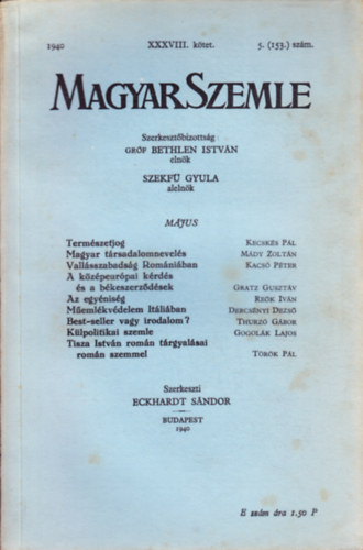 Bethlen Istvn grf - Magyar Szemle 1940. mjus XXXVIII. ktet 5. (153.) szm