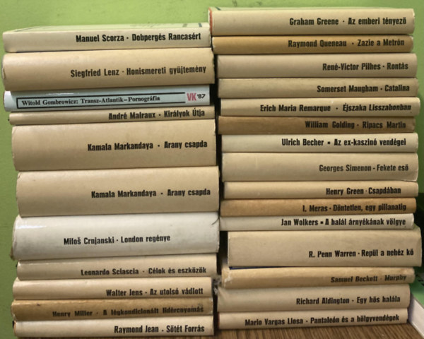 Manuel Scorza, Siegfried Lenz, Witold Gombowicz, André Malraux, Kamala Markandaya, Milos Crnjanski, Leonardo Sciascia, Walter Jens, Henry Miller, Raymond Jean, Raymond Queneau, René-V Graham Greene - 26 db a Világkönyvtár sorozatból