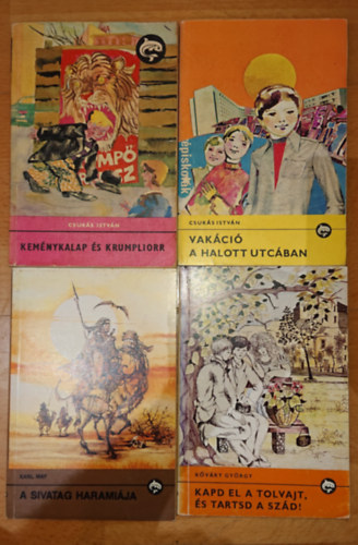 Karl May, K�v�ry Gy�rgy Csuk�s Istv�n - 4 db ifj�s�gi k�tet a Delfin k�yvek sorozat�b�l: A sivatag harami�ja, Kapd el a tolvajt, �s tartsd a sz�d.Kem�nykalap �s krumpliorr, Vak�ci� a Halott utc�ban