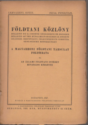 Földtani Közlöny 1945/46-os évfolyamok, egy füzetben