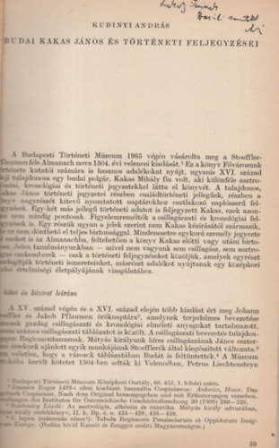 Kubinyi András - Budai Kakas János és történeti feljegyzései- Dedikált - Különlenyomat