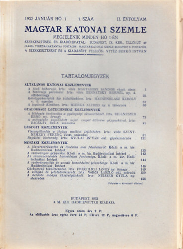 Vitz Berk Istvn  (szerk.) - Magyar Katonai Szemle 1932 janur h, 1. szm, II. vfolyam