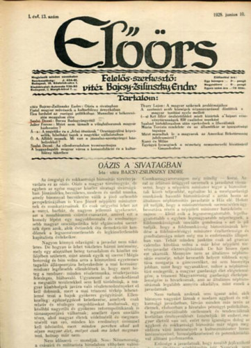 vit�z Bajcsy-Zsilinszky Endre  ( felel�s szerkeszt�) - El��rs foly�irat I. �vf. 13. sz�m. 1928. junius 10.