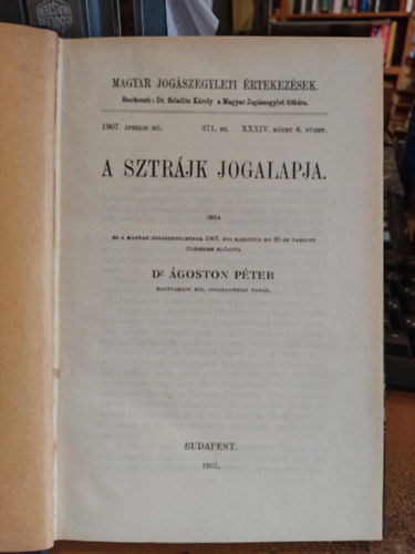 goston Pter dr. Szladits Kroly  (szerk.) - A sztrjk jogalapja: A Magyar Jogszegyletben 1907. vi prilis h, 271. szm, XXXIV. ktet 6. fzet
