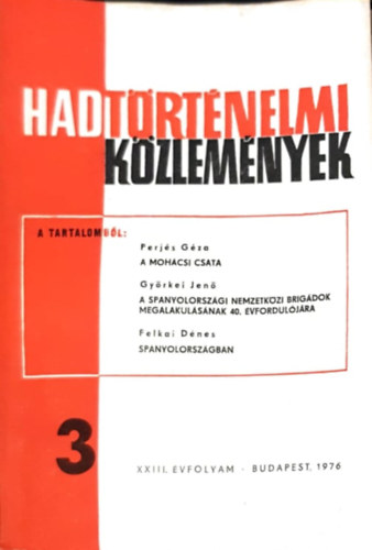 Perjs Gza, Gyrkei Jen, Dr. Felkai Dnes Cskvri Ferenc  (szerk) - Hadtrtnelmi kzlemnyek XXIII. vfolyam 3. szm - A mohcsi csata, A spanyolorszgi nemzetkzi brigdok megalakulsnak a 40. vforduljra, Spanyolorszgban