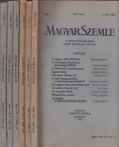 Bethlen Istvn grf - 6 db Magyar Szemle: 1931/janur, februr, mrcius+1932/prilis, mjus, oktber