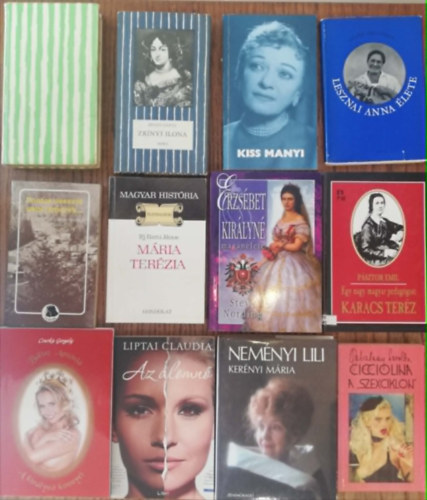 12 kötet magyar hölgyek életrajzi könyveiből (Teleki Blanka, Zrínyi Ilona, Kiss Manyi, Lesznai Anna, Siklódi Marika, Mária Terézia, Erzsébet királyné, Karacs Teréz, Bálint Antónia, Liptai Klaudia, Neményi Lili, Cicciolina)