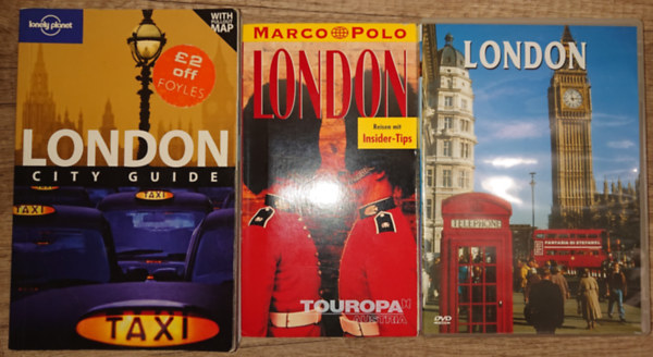 2 �tik�nyv Londonr�l �s egy aj�nd�k DVD: London City Guide (Lonely Planet - EN), London (MArco Polo) + London (DVD)