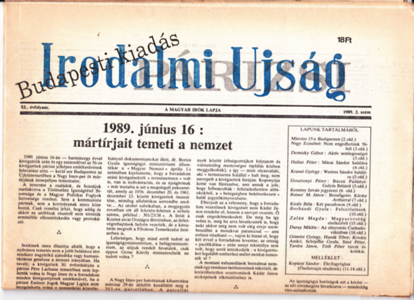 Mray Tibor  (szerk.) - Irodalmi Ujsg 1989. 2.szm + mellklete.